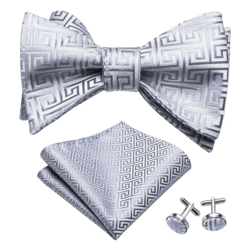 Sliver Plaid Self-tied Bow Tie Hanky Cufflinks Set sold by Ties2You