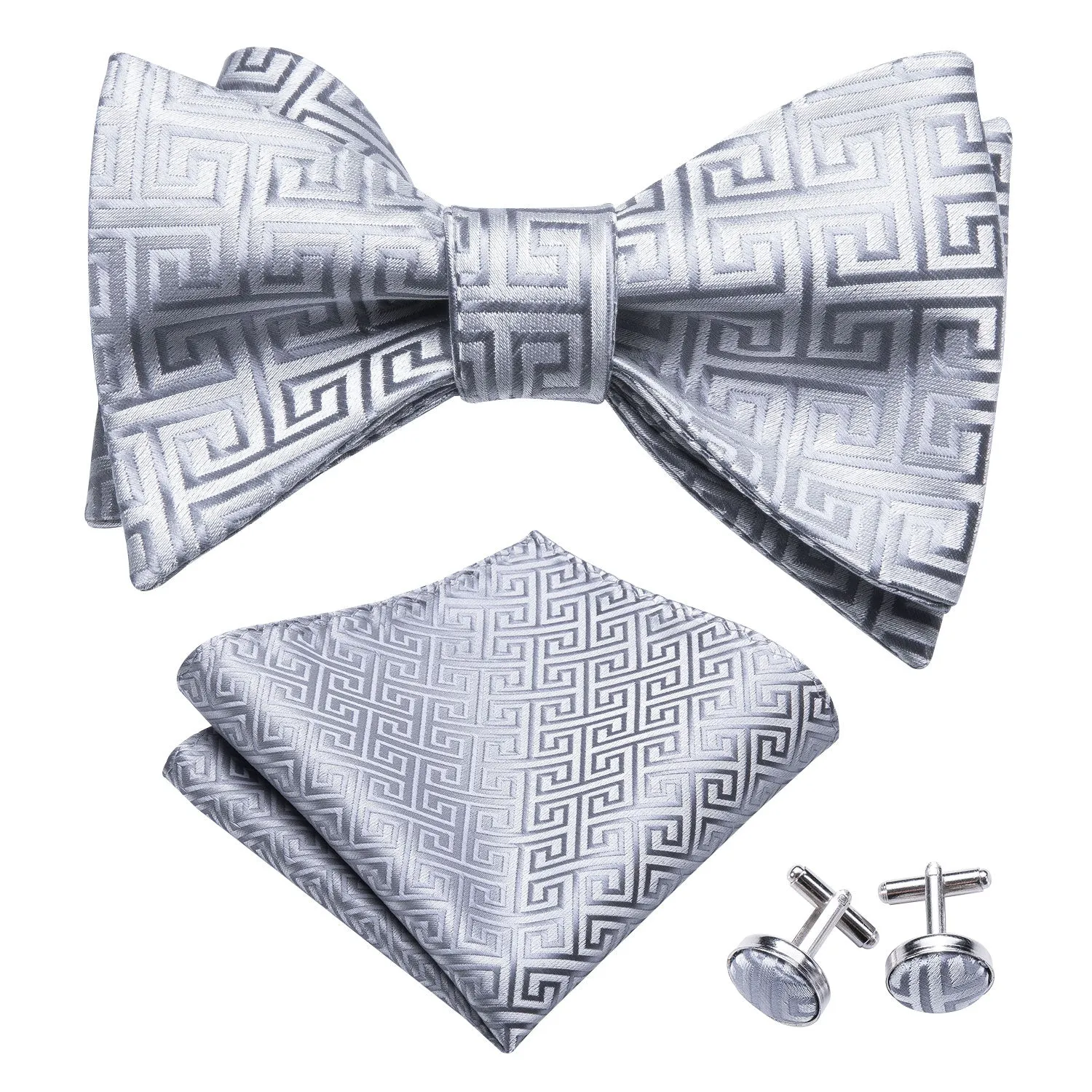 Sliver Plaid Self-tied Bow Tie Hanky Cufflinks Set sold by Ties2You