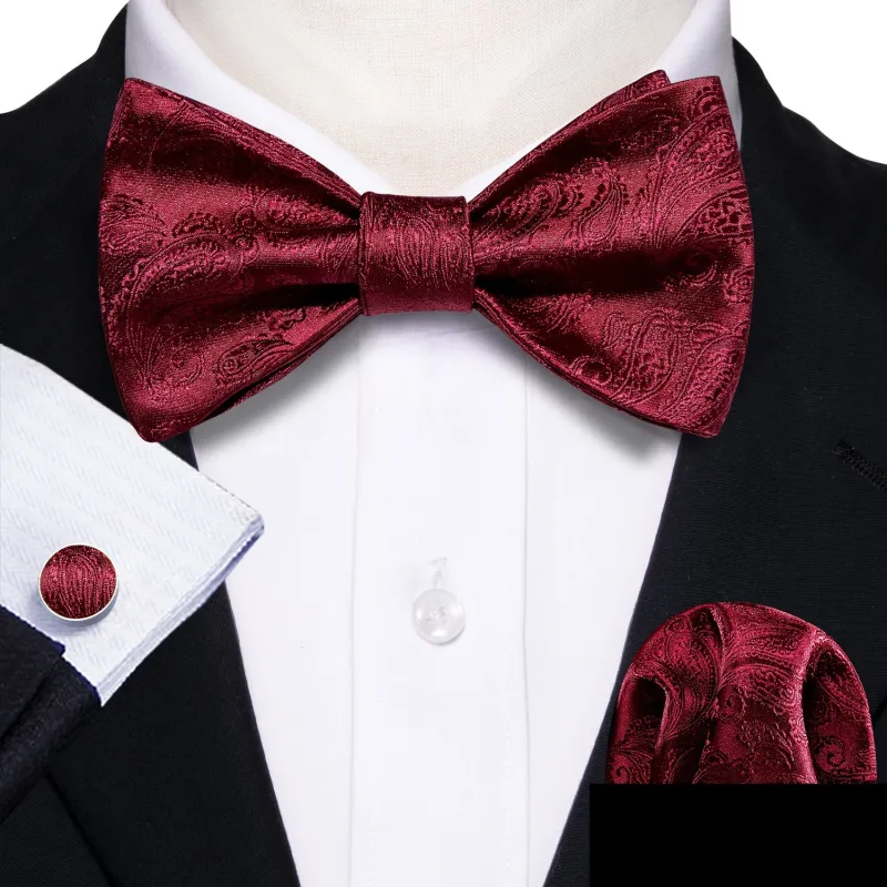 Dark Red Paisley Silk Self-tied Bow Tie Hanky Cufflinks Set sold by Ties2You