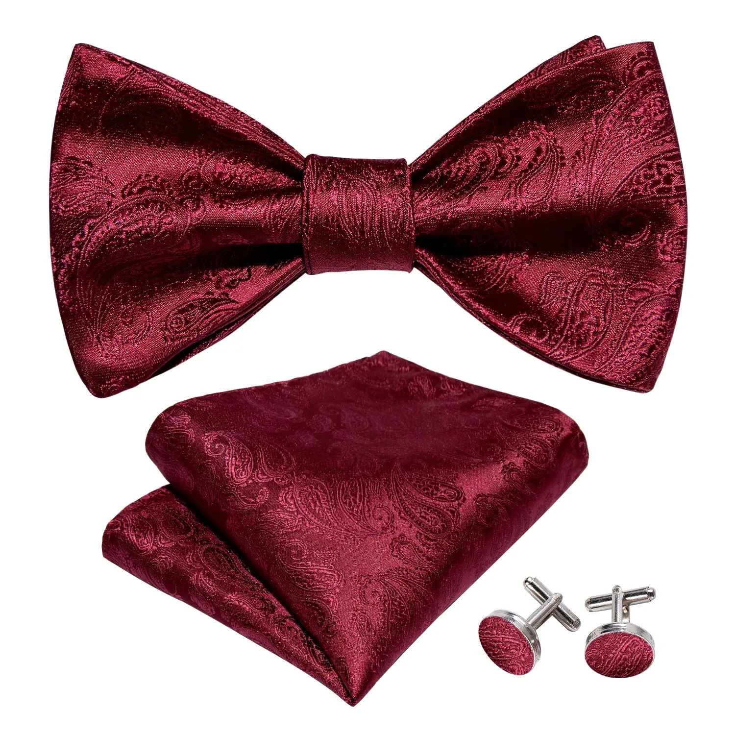 Dark Red Paisley Silk Self-tied Bow Tie Hanky Cufflinks Set sold by Ties2You product image thumbnail 2