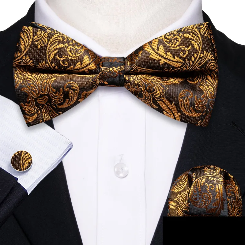 Golden Brown Paisley Pre-tied Silk Bow Tie Pocket Square Cufflinks Set sold by Ties2You
