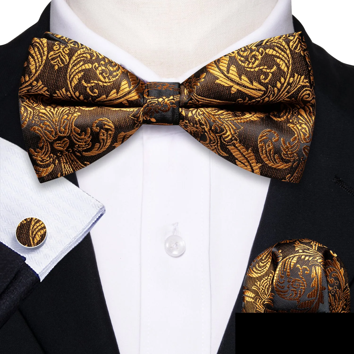 Golden Brown Paisley Pre-tied Silk Bow Tie Pocket Square Cufflinks Set sold by Ties2You