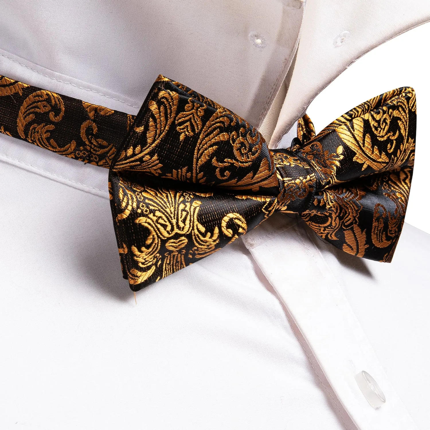 Golden Brown Paisley Pre-tied Silk Bow Tie Pocket Square Cufflinks Set sold by Ties2You product image thumbnail 3