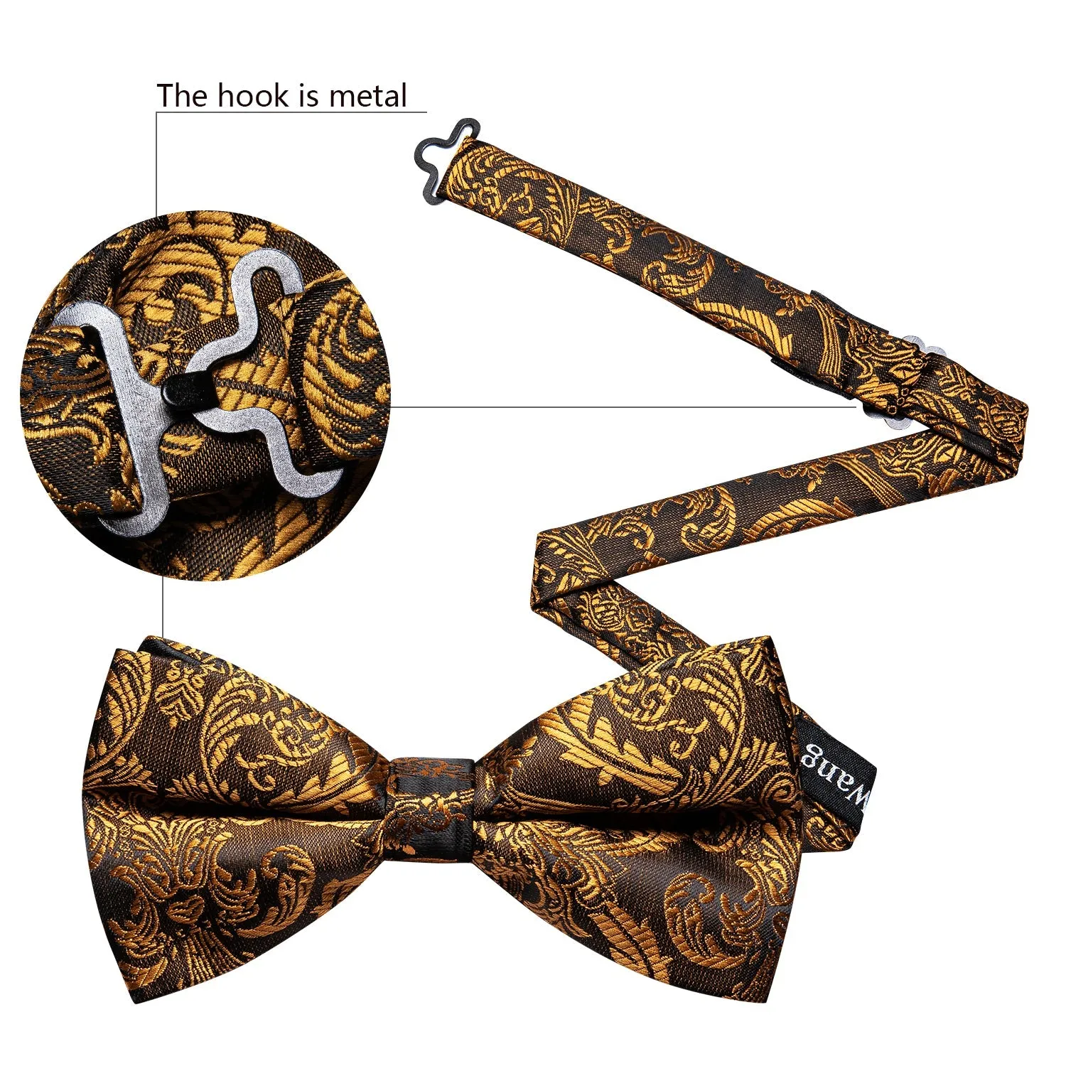 Golden Brown Paisley Pre-tied Silk Bow Tie Pocket Square Cufflinks Set sold by Ties2You product image thumbnail 5