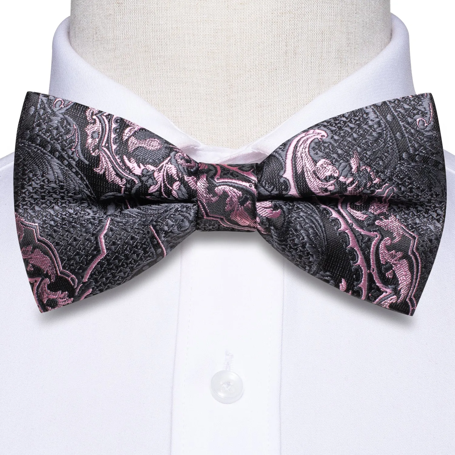 Grey Pink Paisley Men's Pre-tied Bowtie Pocket Square Cufflinks Set sold by Ties2You product image thumbnail 5