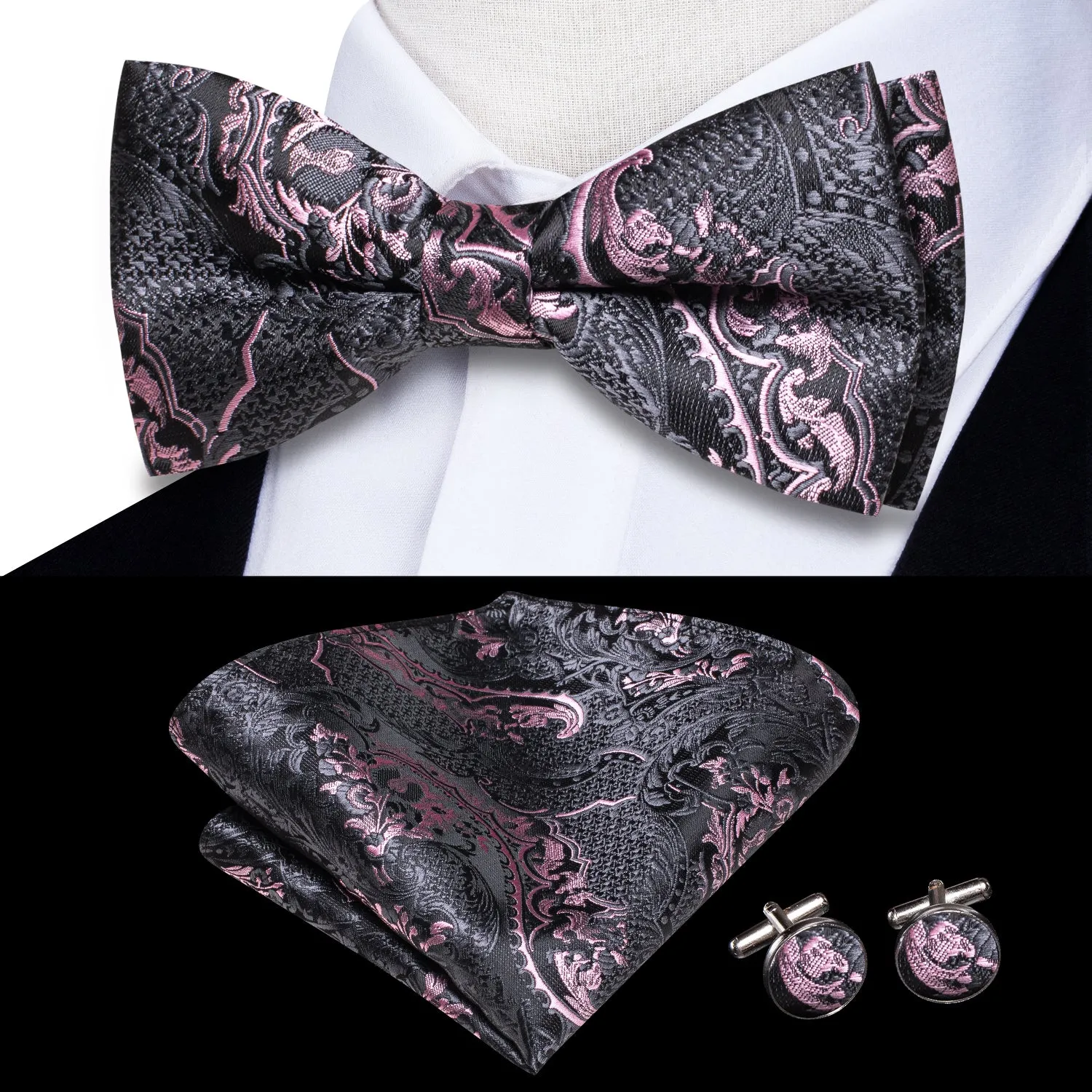 Grey Pink Paisley Men's Pre-tied Bowtie Pocket Square Cufflinks Set sold by Ties2You product image thumbnail 2