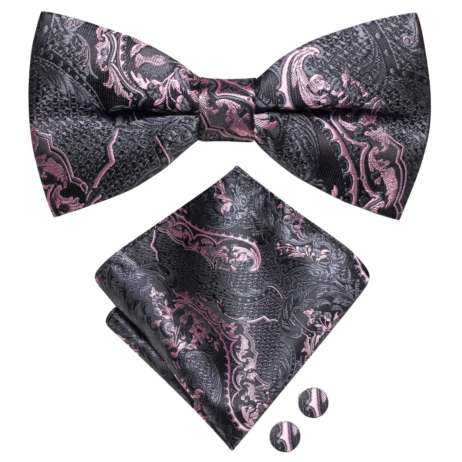 Grey Pink Paisley Men's Pre-tied Bowtie Pocket Square Cufflinks Set sold by Ties2You product image thumbnail 3