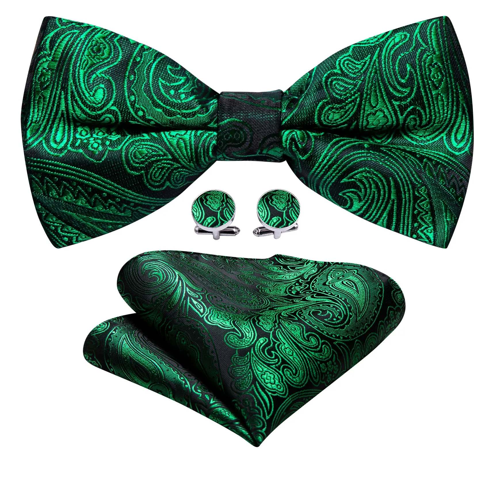 Green Paisley Men's Pre-tied Bowtie Pocket Square Cufflinks Set sold by Ties2You product image thumbnail 2