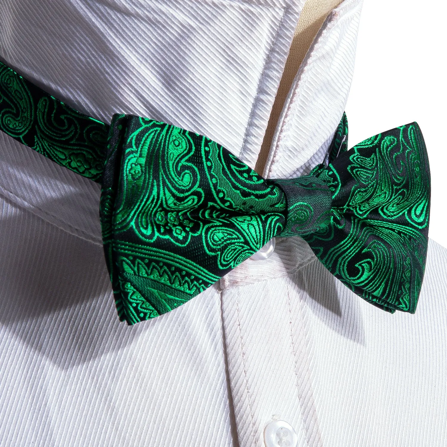 Green Paisley Men's Pre-tied Bowtie Pocket Square Cufflinks Set sold by Ties2You product image thumbnail 3