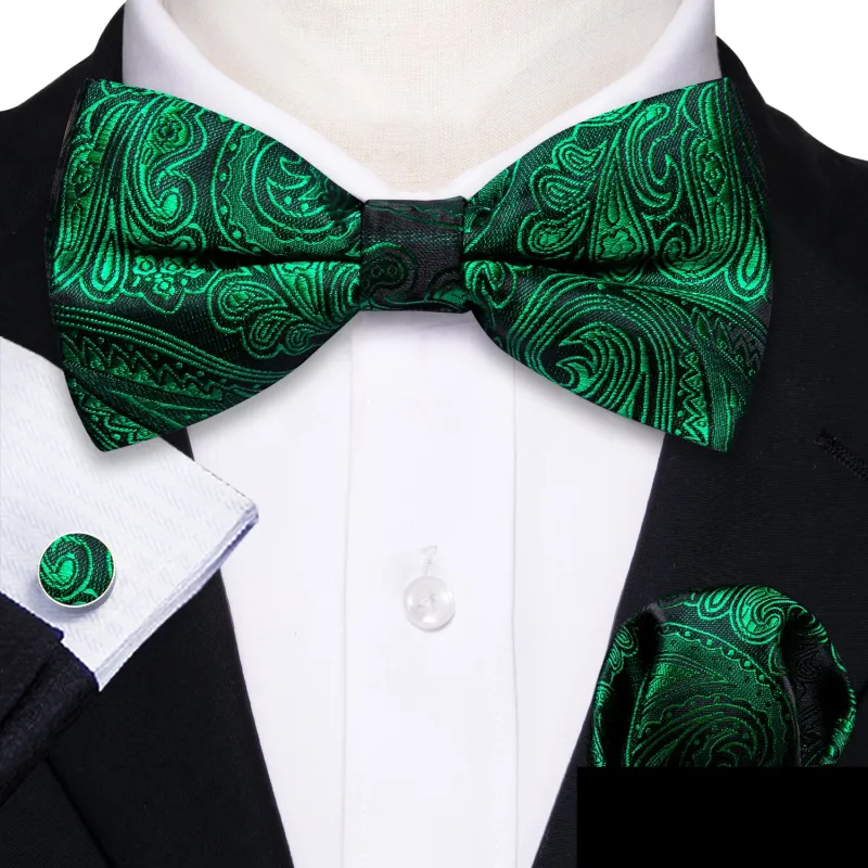 Green Paisley Men's Pre-tied Bowtie Pocket Square Cufflinks Set made by Ties2You