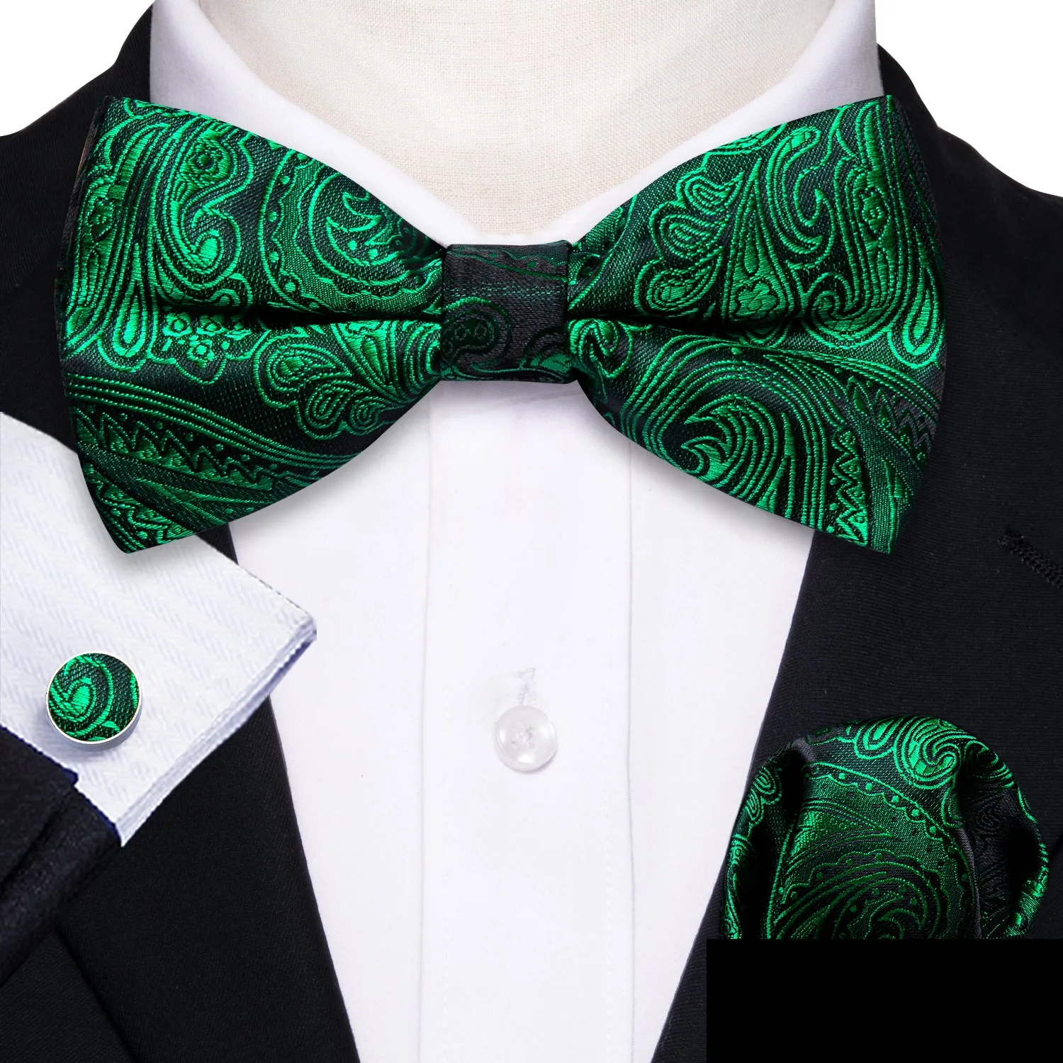 Green Paisley Men's Pre-tied Bowtie Pocket Square Cufflinks Set sold by Ties2You