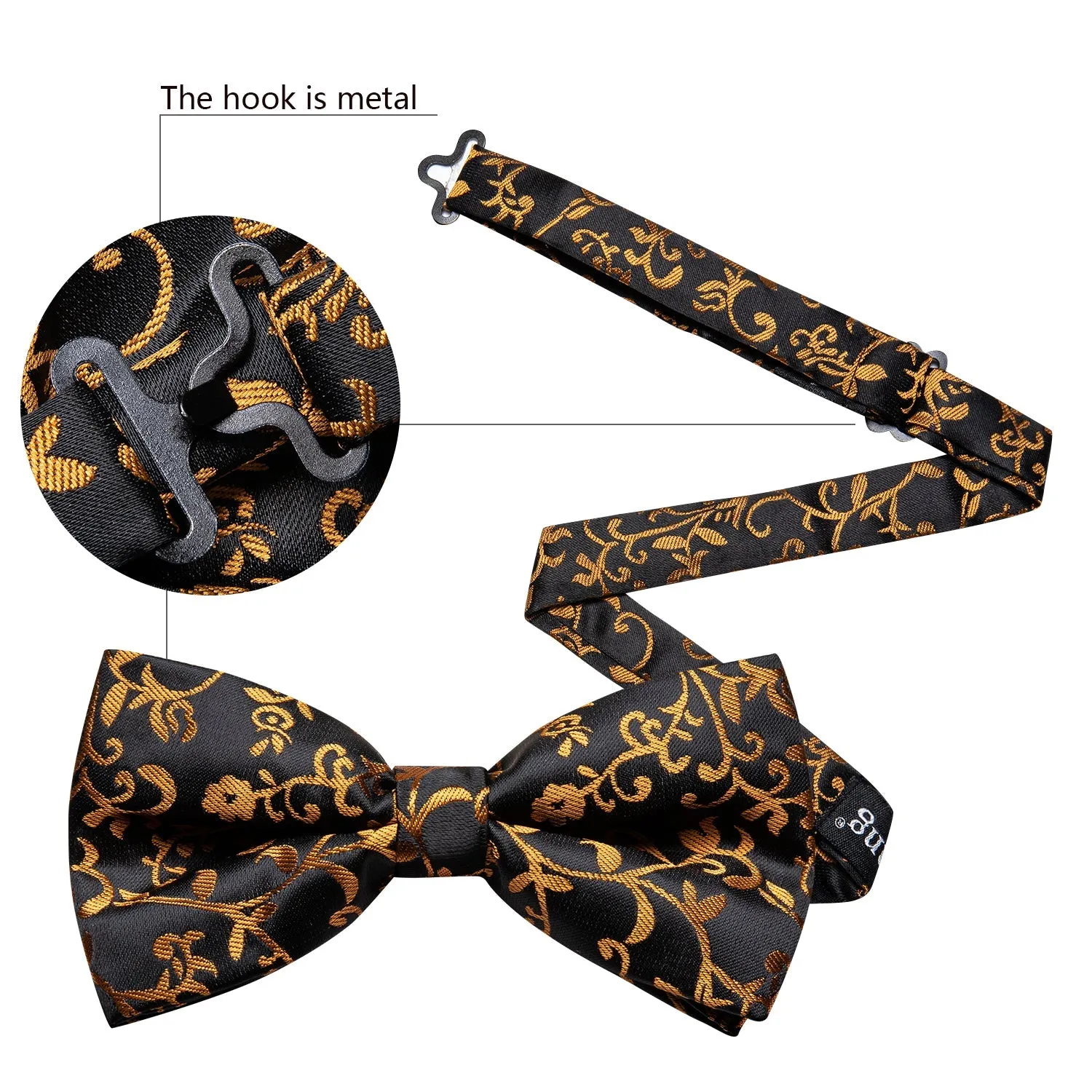 Black Golden Floral Pre-tied Silk Bow Tie Pocket Square Cufflinks Set sold by Ties2You product image thumbnail 5
