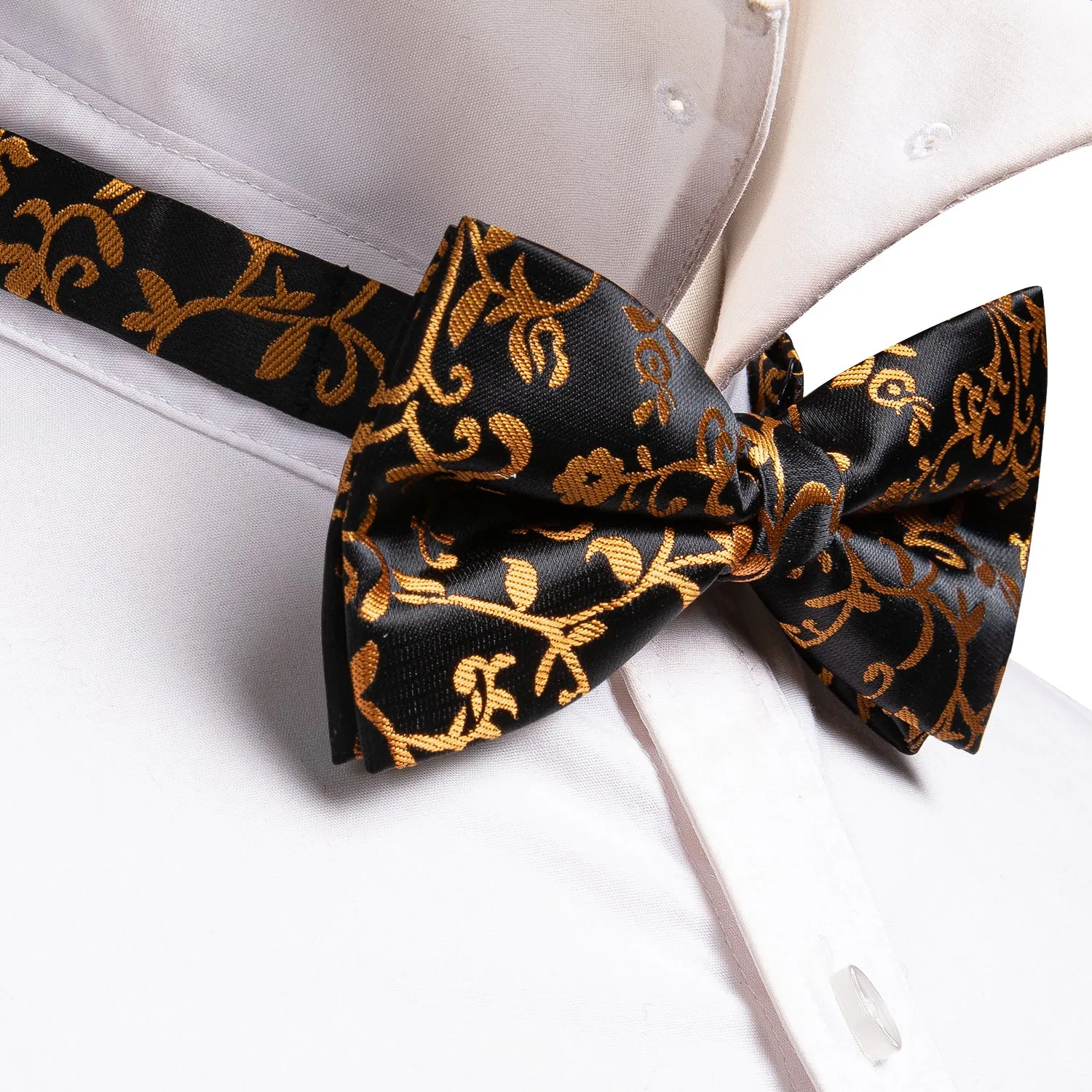 Black Golden Floral Pre-tied Silk Bow Tie Pocket Square Cufflinks Set sold by Ties2You product image thumbnail 2