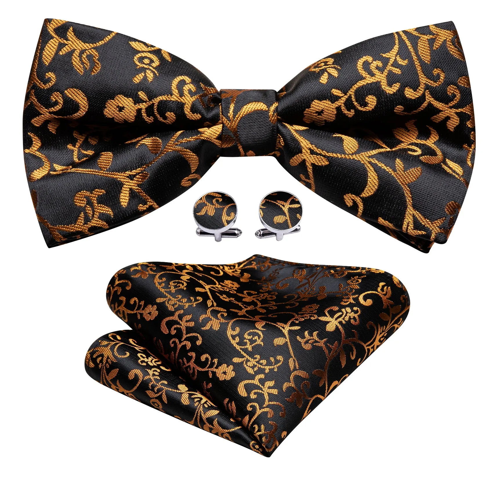 Black Golden Floral Pre-tied Silk Bow Tie Pocket Square Cufflinks Set sold by Ties2You product image thumbnail 3