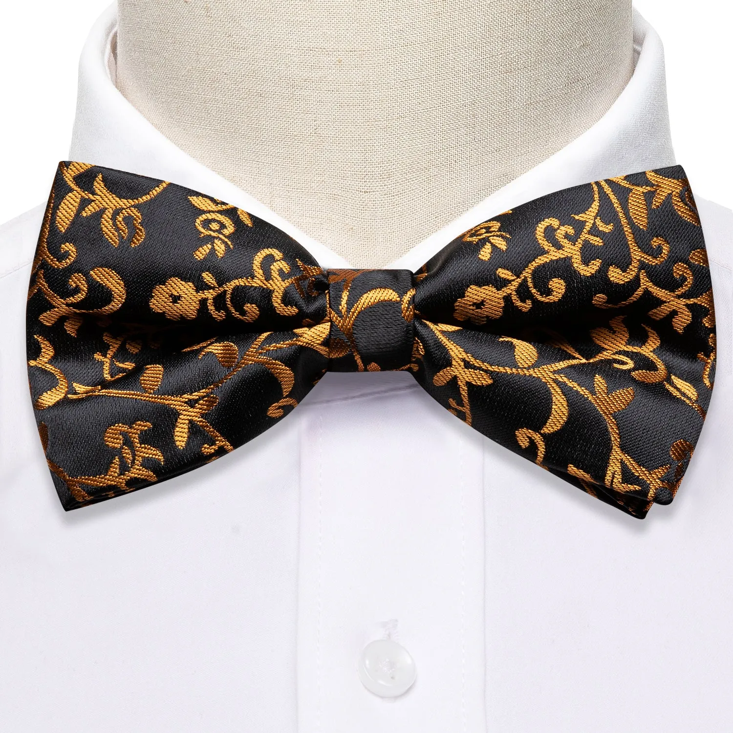Black Golden Floral Pre-tied Silk Bow Tie Pocket Square Cufflinks Set sold by Ties2You product image thumbnail 4