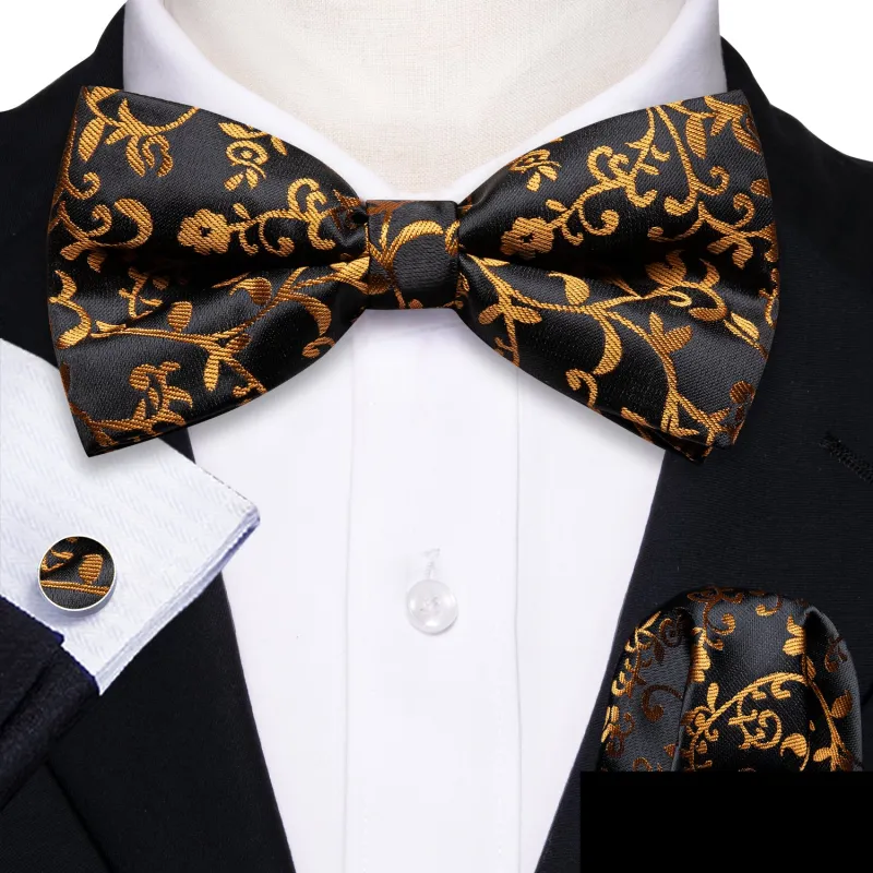 Black Golden Floral Pre-tied Silk Bow Tie Pocket Square Cufflinks Set sold by Ties2You