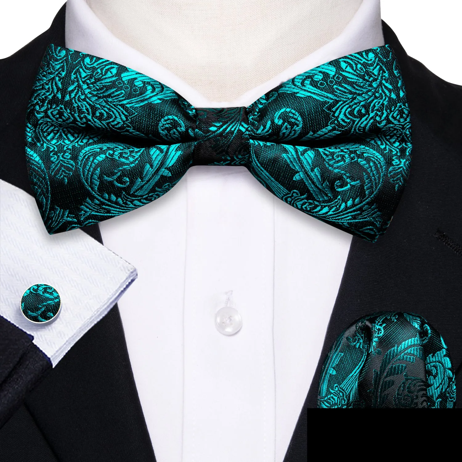 Lake Green Paisley Pre-tied Silk Bow Tie Pocket Square Cufflinks Set sold by Ties2You