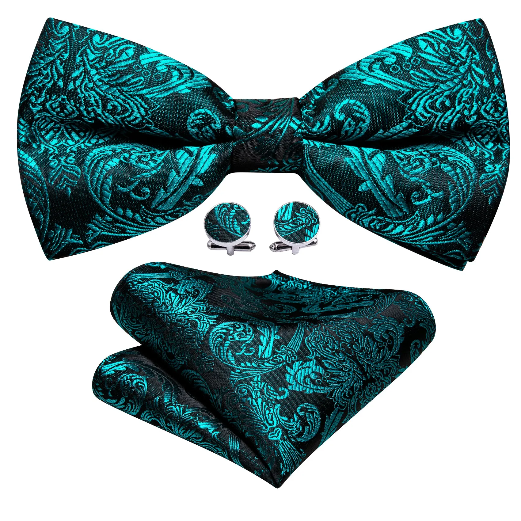 Lake Green Paisley Pre-tied Silk Bow Tie Pocket Square Cufflinks Set sold by Ties2You product image thumbnail 2