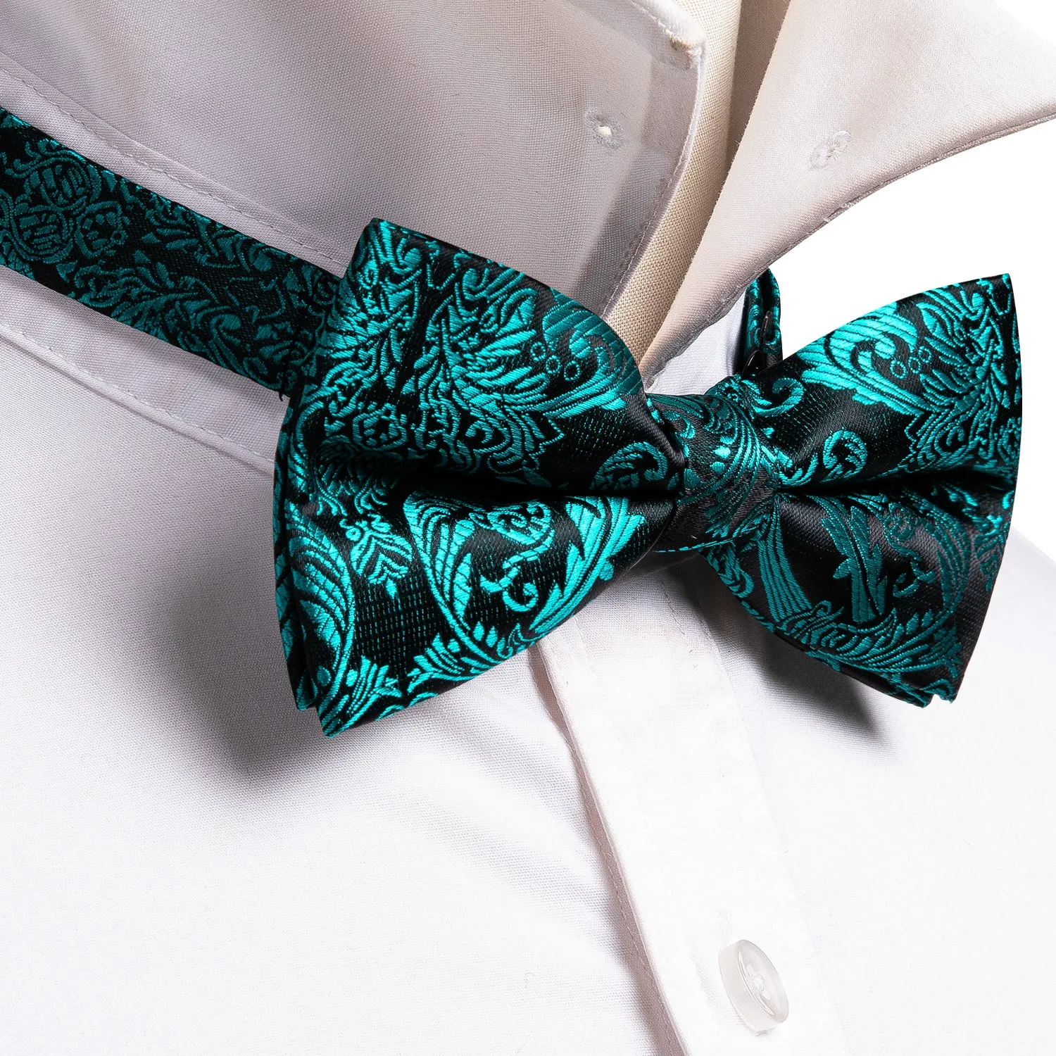 Lake Green Paisley Pre-tied Silk Bow Tie Pocket Square Cufflinks Set sold by Ties2You product image thumbnail 3