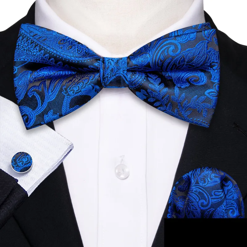 Klein Blue Black Paisley Men Pre-tied Bowtie Pocket Square Cufflinks Set made by Ties2You