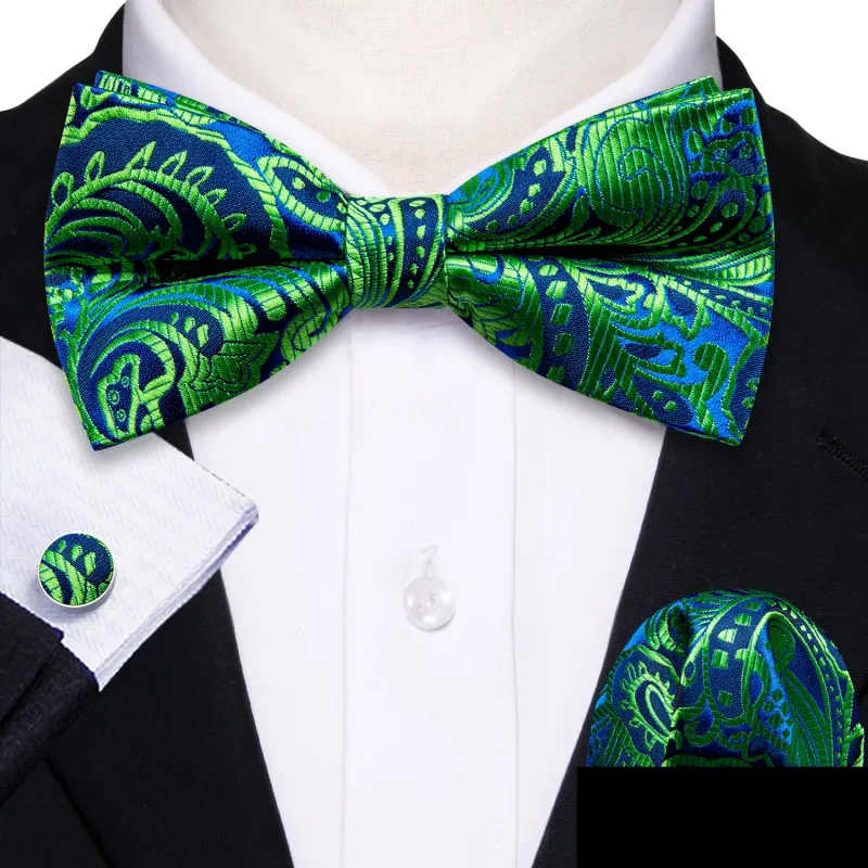Green Blue Paisley Men's Pre-tied Bowtie Pocket Square Cufflinks Set sold by Ties2You