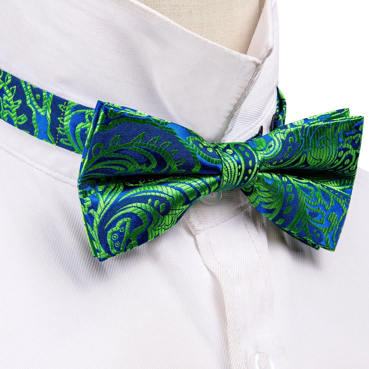 Green Blue Paisley Men's Pre-tied Bowtie Pocket Square Cufflinks Set sold by Ties2You product image thumbnail 5