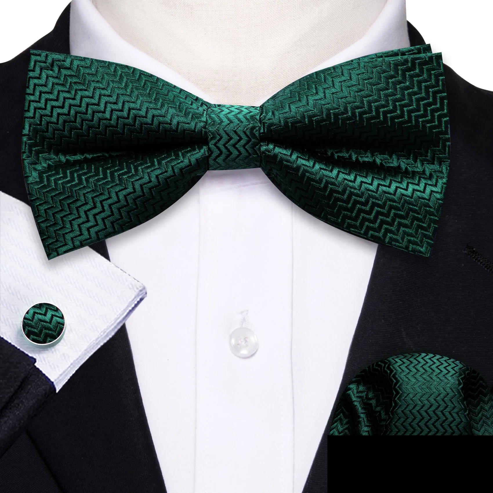 Dark Green Novelty Men's Pre-tied Bowtie Pocket Square Cufflinks Set sold by Ties2You