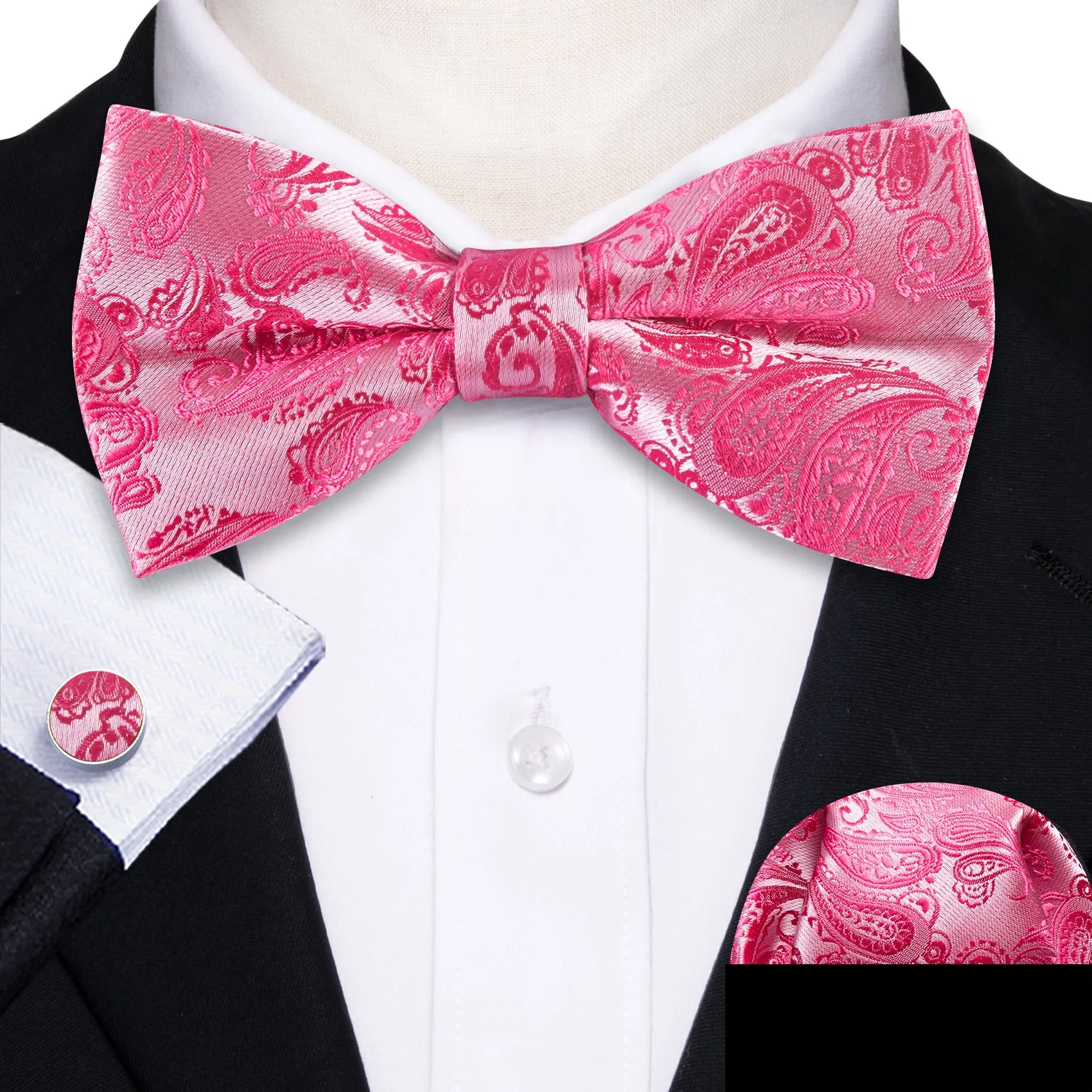 Petal Pink Paisley Men's Pre-tied Bowtie Pocket Square Cufflinks Set sold by Ties2You
