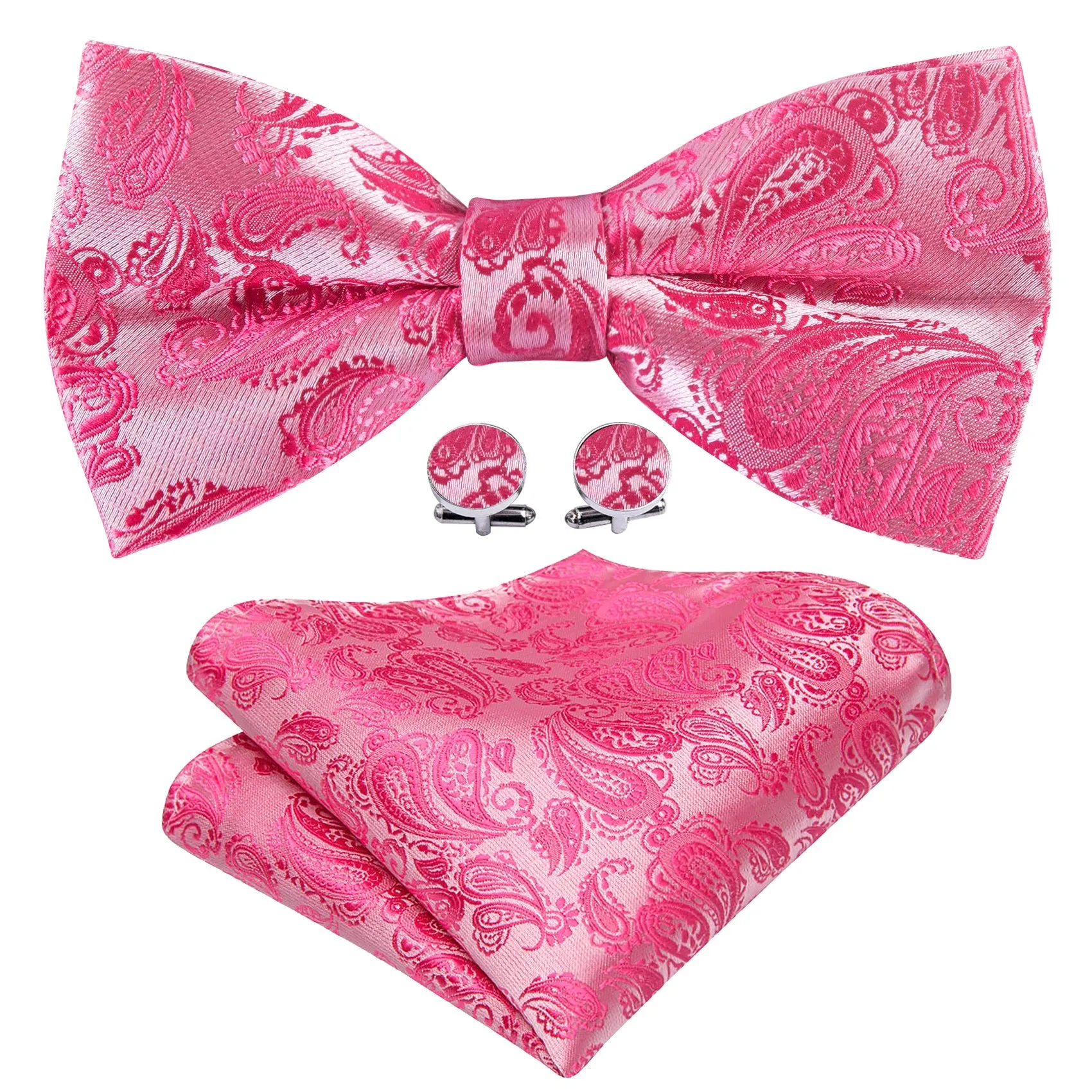 Petal Pink Paisley Men's Pre-tied Bowtie Pocket Square Cufflinks Set sold by Ties2You product image thumbnail 2