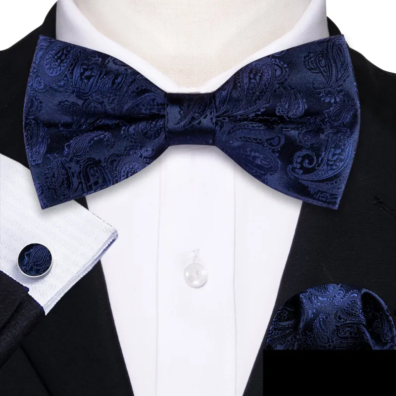 Navy Blue Paisley Men's Pre-tied Bowtie Pocket Square Cufflinks Set sold by Ties2You