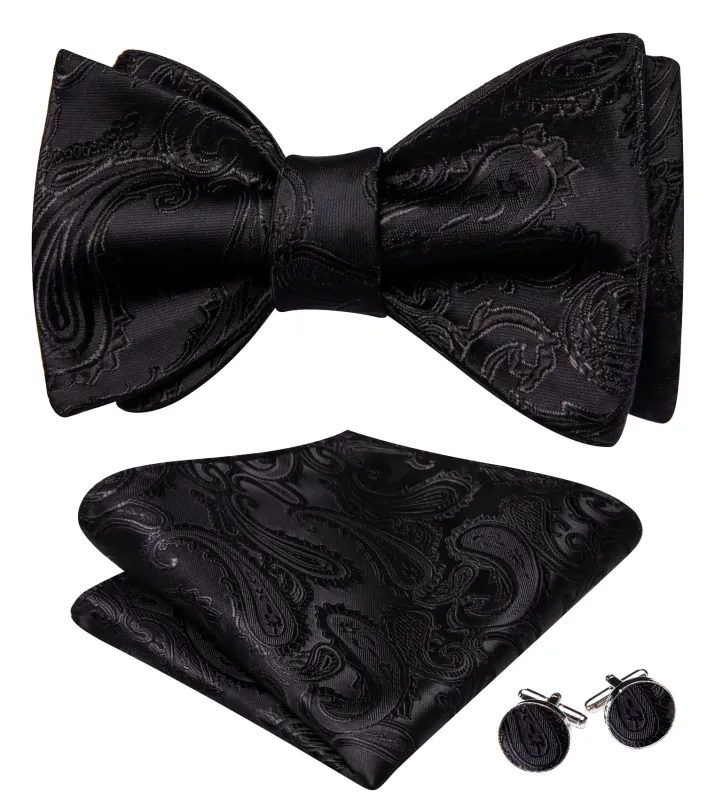 Ties2you Tuxedo Bow Tie Black Paisley Men's Silk Self-Bow Tie Pocket Square Cufflinks Set sold by Ties2You