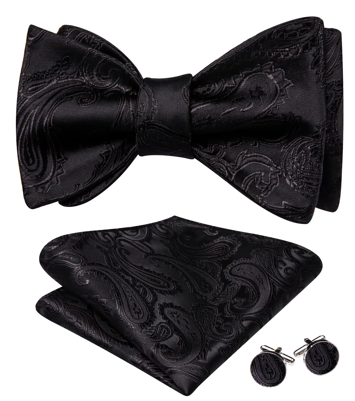 Ties2you Tuxedo Bow Tie Black Paisley Men's Silk Self-Bow Tie Pocket Square Cufflinks Set sold by Ties2You