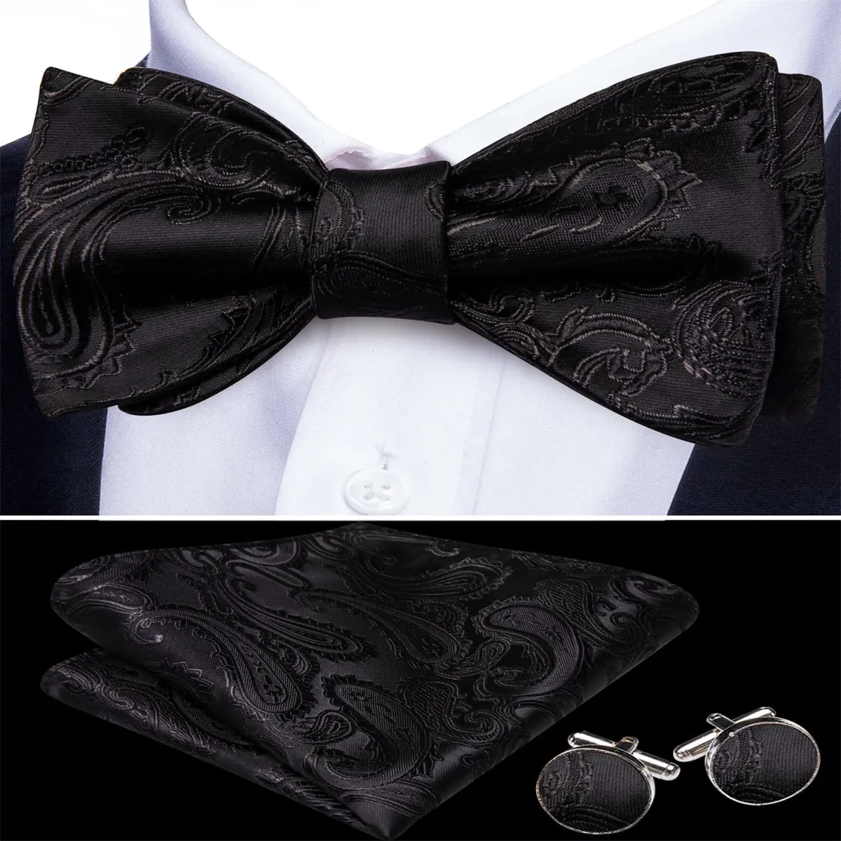 Ties2you Tuxedo Bow Tie Black Paisley Men's Silk Self-Bow Tie Pocket Square Cufflinks Set sold by Ties2You product image thumbnail 2