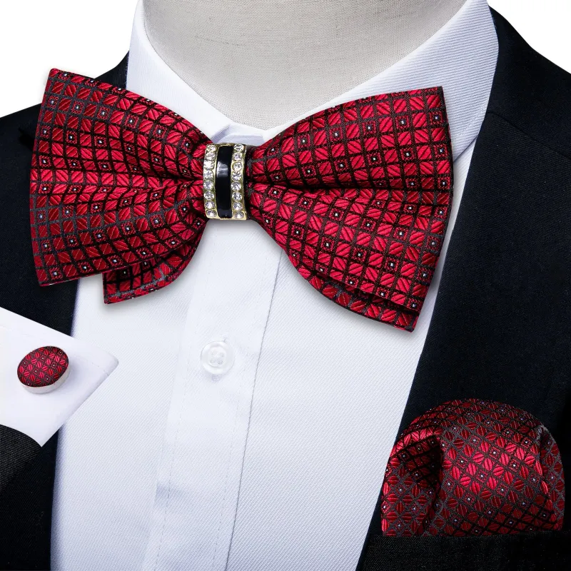 Black Red Plaid Silk Luxury Pre-tied Ring Bow Tie Hanky Cufflinks Set sold by Ties2You