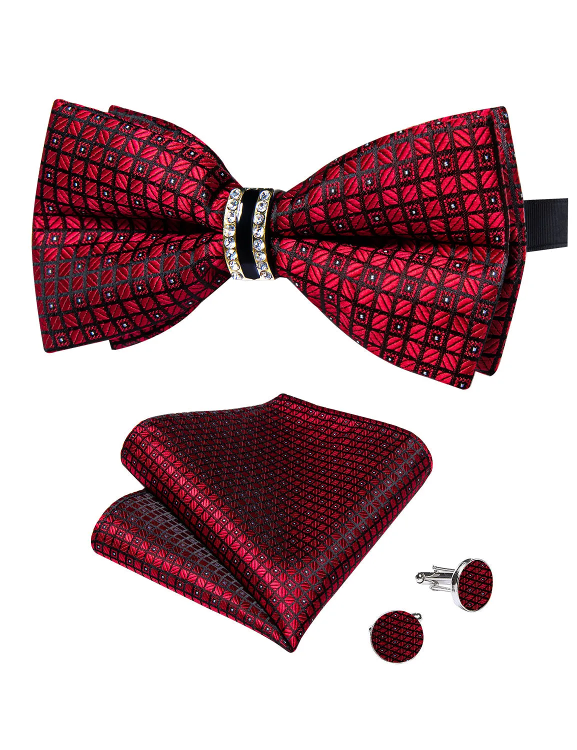 Black Red Plaid Silk Luxury Pre-tied Ring Bow Tie Hanky Cufflinks Set sold by Ties2You product image thumbnail 3