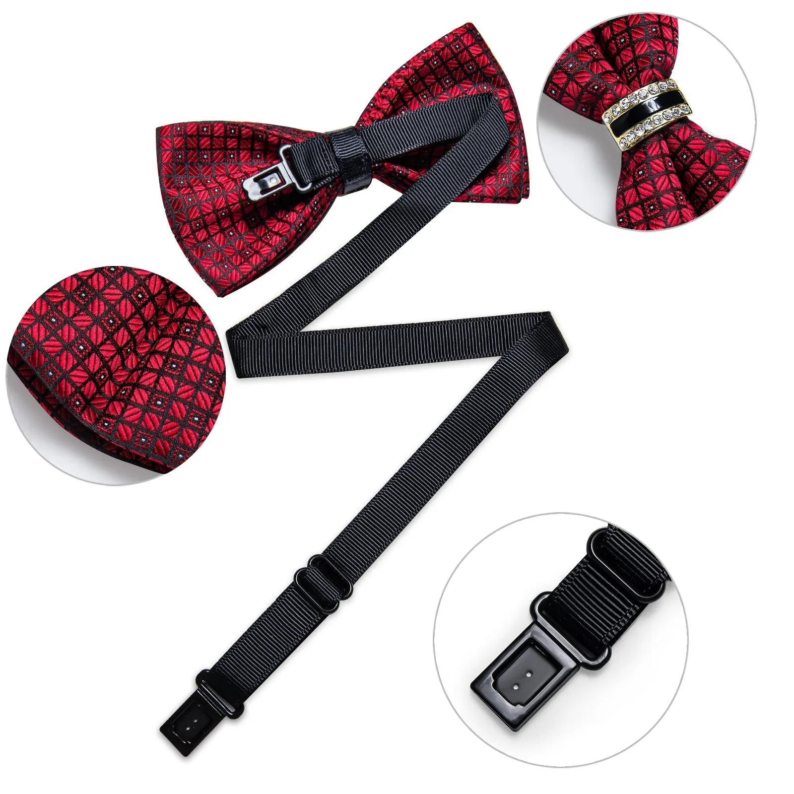 Black Red Plaid Silk Luxury Pre-tied Ring Bow Tie Hanky Cufflinks Set sold by Ties2You product image thumbnail 4