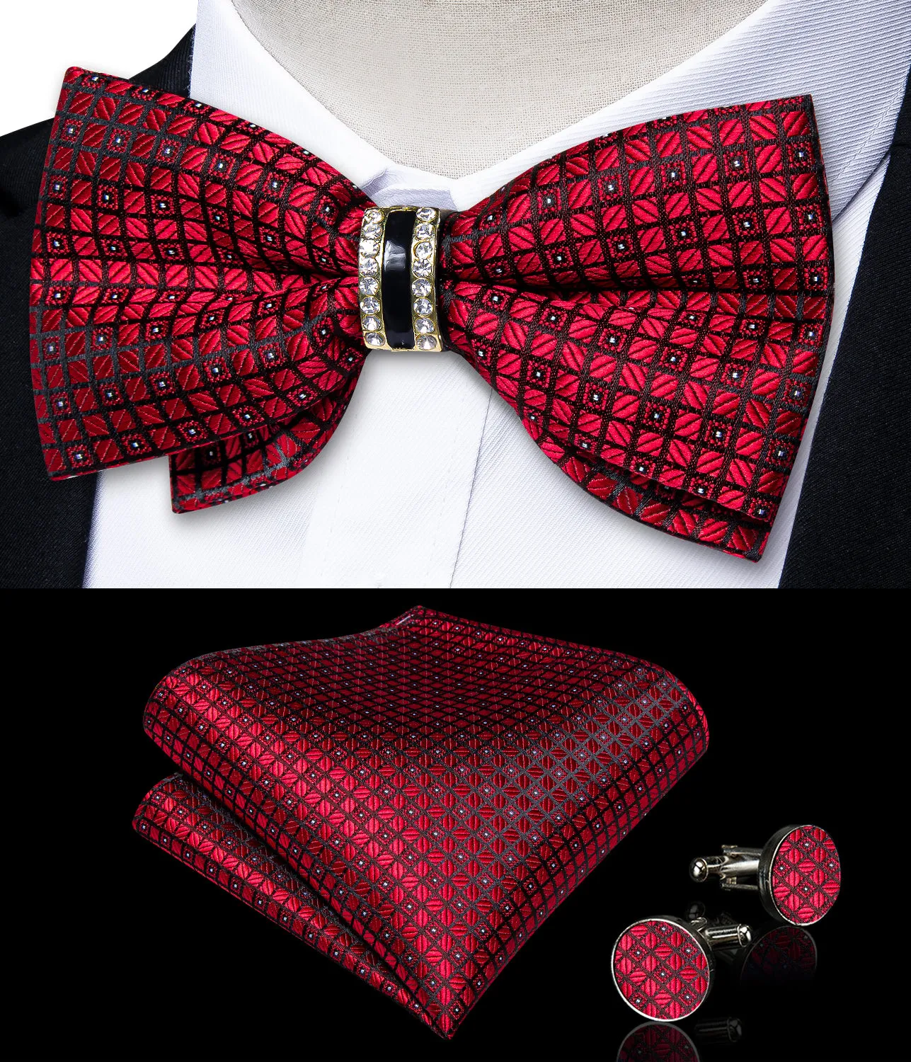 Black Red Plaid Silk Luxury Pre-tied Ring Bow Tie Hanky Cufflinks Set sold by Ties2You product image thumbnail 2