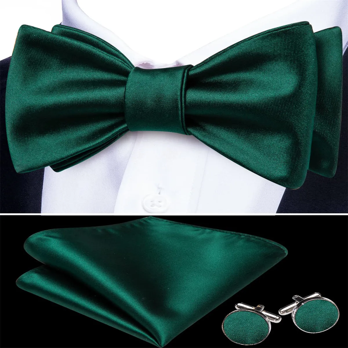 Ties2you Tuxedo Bow Tie Sapphire Pine Green Solid Men's Silk Self-Bow Tie Handkerchief Cufflinks Set sold by Ties2You product image thumbnail 2