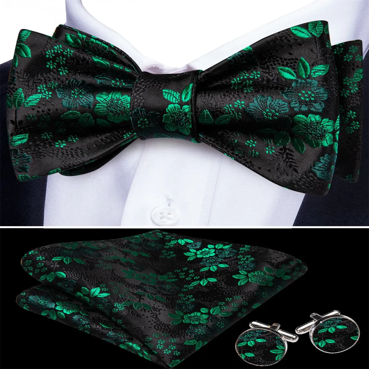 Ties2you Tuxedo Bow Tie Black Green Floral Men's Silk Self-Bow Tie Pocket Square Cufflinks Set sold by Ties2You product image thumbnail 2