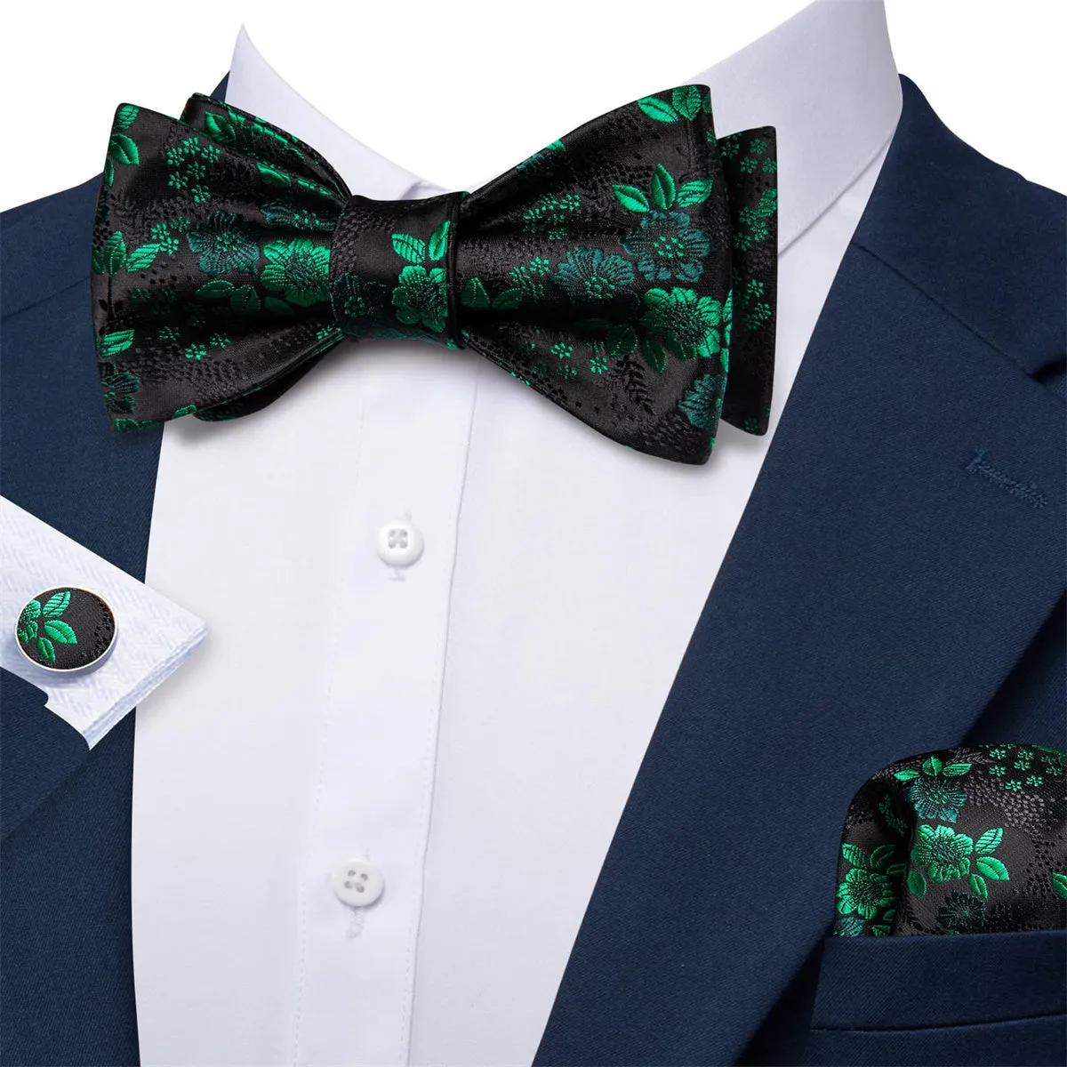Ties2you Tuxedo Bow Tie Black Green Floral Men's Silk Self-Bow Tie Pocket Square Cufflinks Set sold by Ties2You product image thumbnail 3