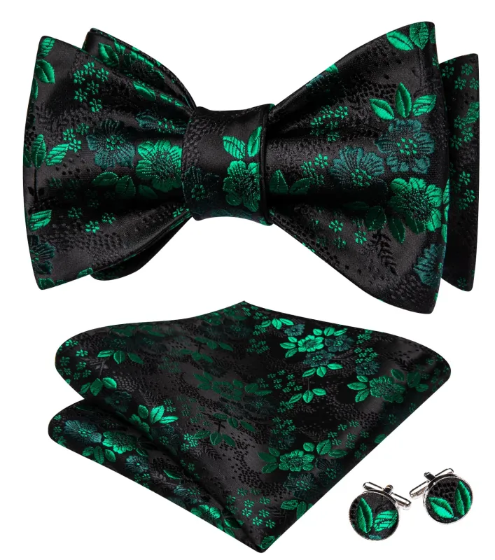 Ties2you Tuxedo Bow Tie Black Green Floral Men's Silk Self-Bow Tie Pocket Square Cufflinks Set sold by Ties2You