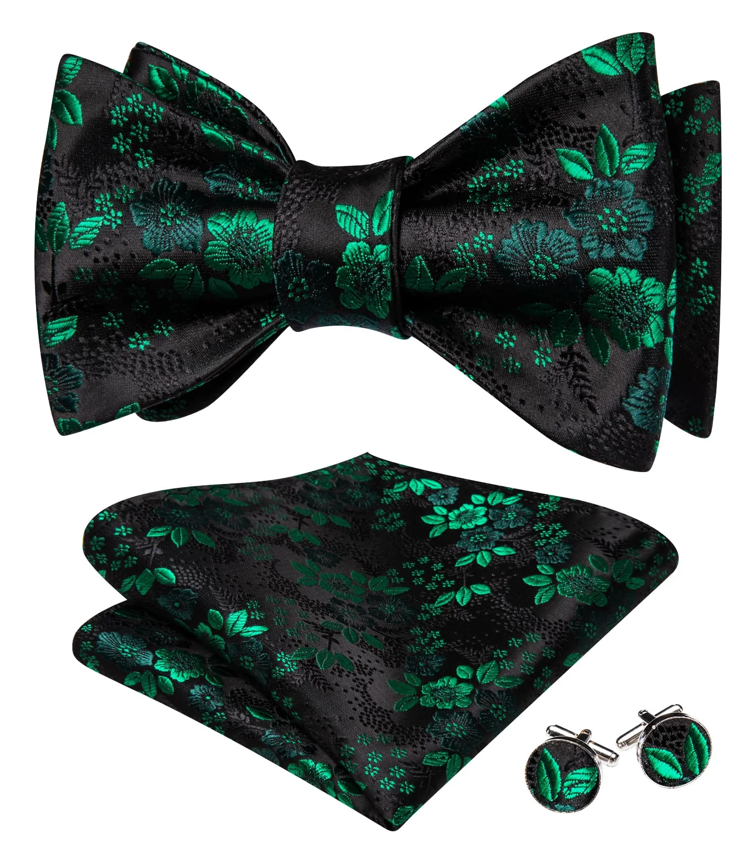 Ties2you Tuxedo Bow Tie Black Green Floral Men's Silk Self-Bow Tie Pocket Square Cufflinks Set sold by Ties2You