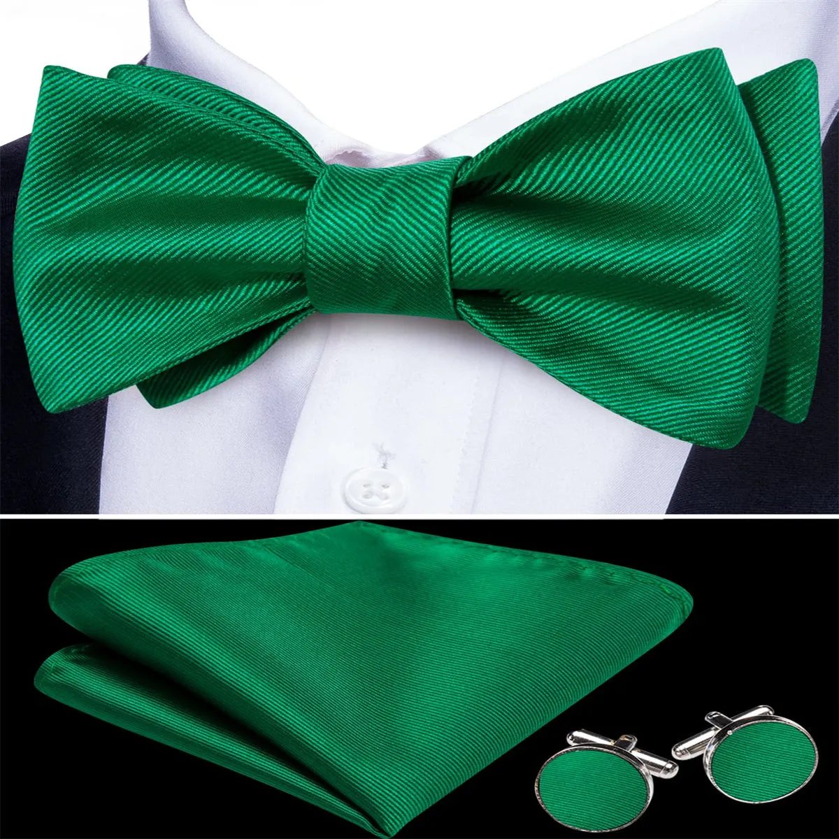 Ties2you Self Tie Bow Ties Emerald Green Striped Silk Mens Tuxedo Bow Tie Business sold by Ties2You product image thumbnail 2