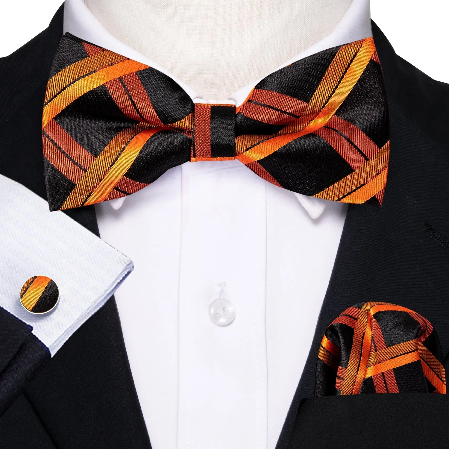 Orange Black Plaid Pre-tied Bow Tie Hanky Cufflinks Set sold by Ties2You product image thumbnail 2
