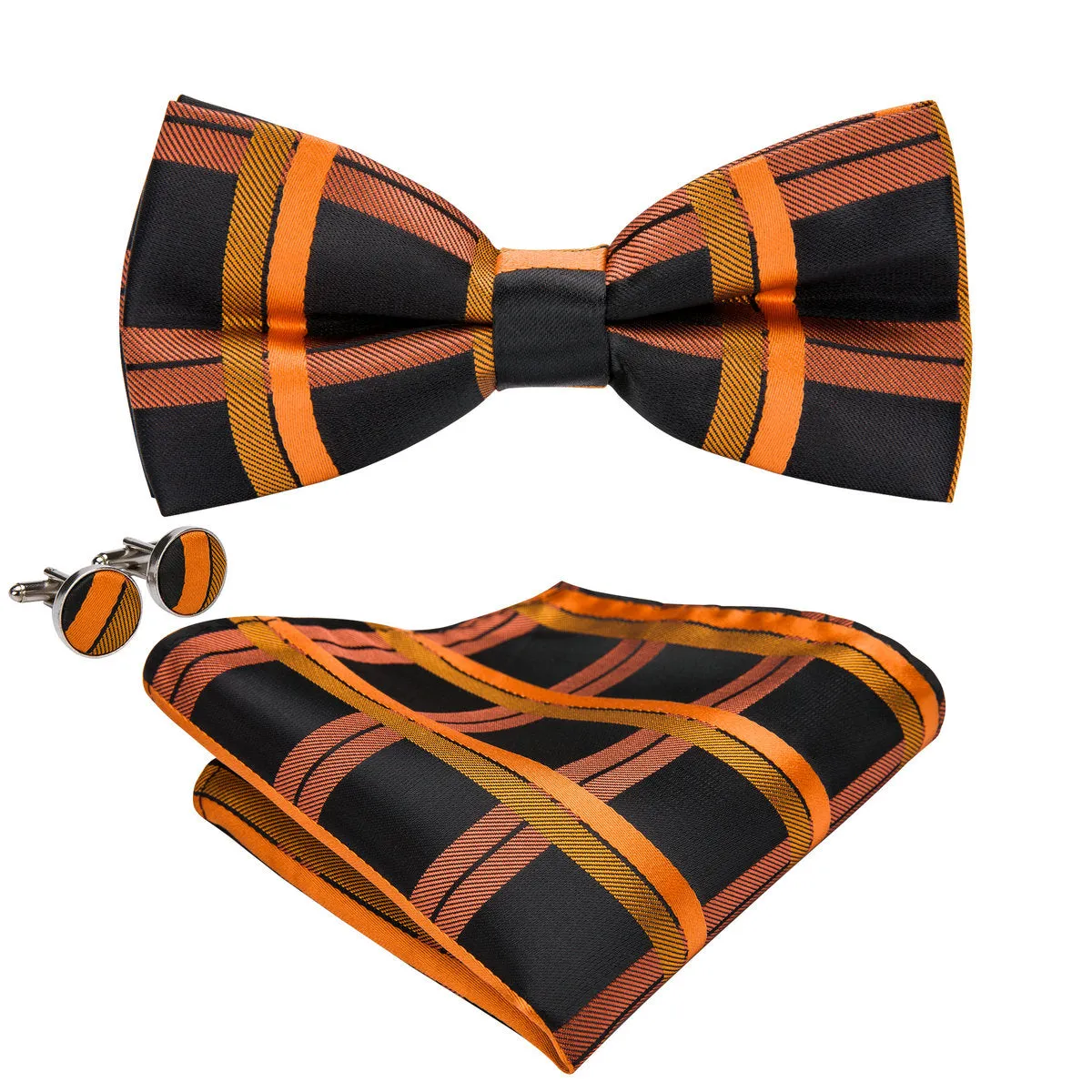 Orange Black Plaid Pre-tied Bow Tie Hanky Cufflinks Set sold by Ties2You product image thumbnail 3