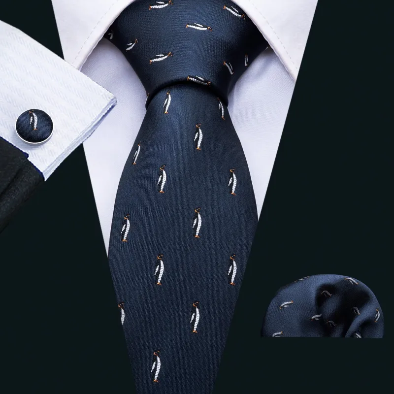 Ties2you Blue Tie Novelty Penguin Woven Silk Men's Tie Hanky Cufflinks Set made by Ties2You