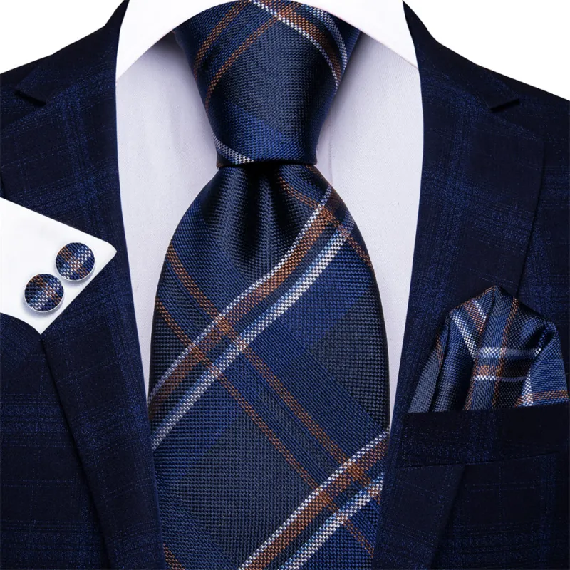 Ties2you Dark Midnight Blue Plaid Necktie Pocket Square Cufflinks Set sold by Ties2You