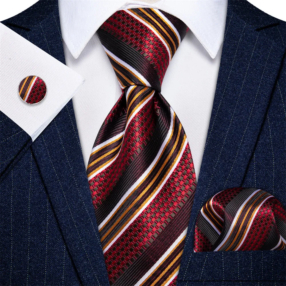 Ties2you Red Ties Black Jacquard Pattern Gold Stripes Novelty Tie Set sold by Ties2You