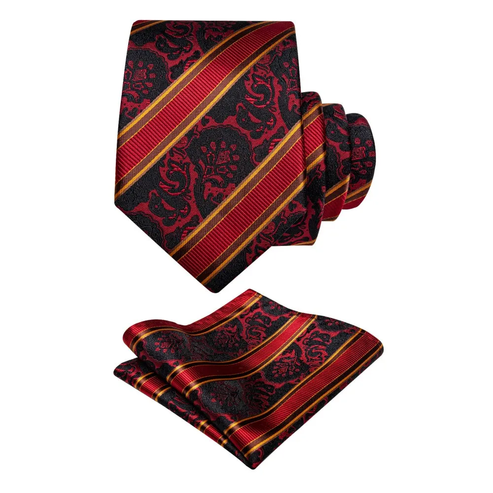 Ties2you Red Ties Black Jacquard Pattern Gold Stripes Novelty Tie Set sold by Ties2You product image thumbnail 4