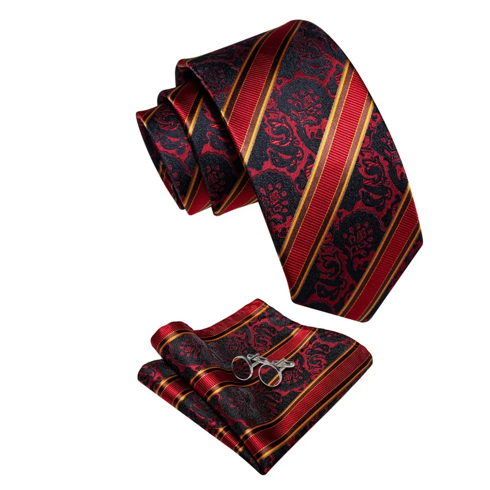 Ties2you Red Ties Black Jacquard Pattern Gold Stripes Novelty Tie Set sold by Ties2You product image thumbnail 5
